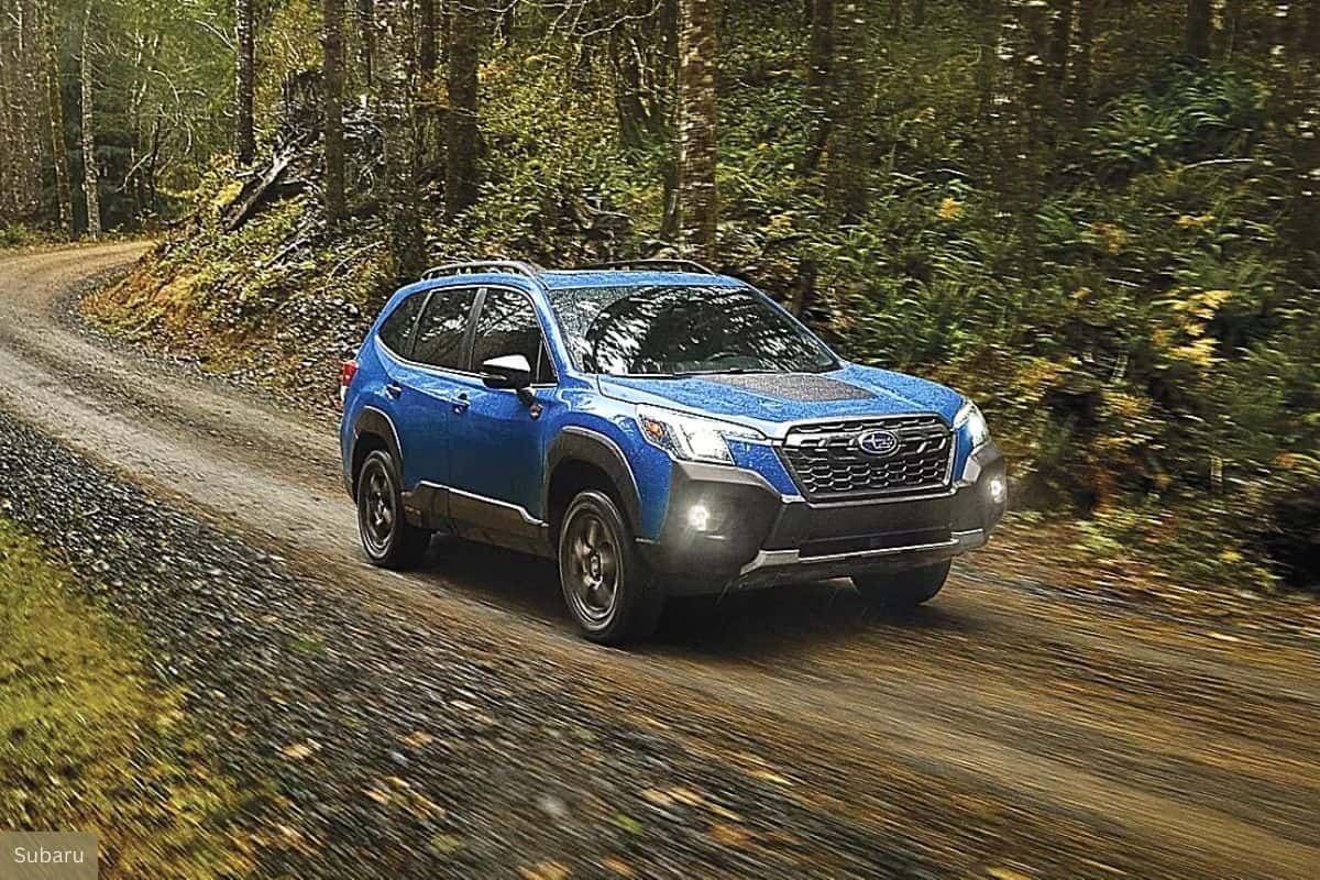 A blue Subaru Forester is driving on a gravel road surrounded by a forest. The vehicle is in motion, evident by the spinning wheels and the blur of the scenery. The car's rugged design and the outdoor setting suggest it's built for off-road conditions.