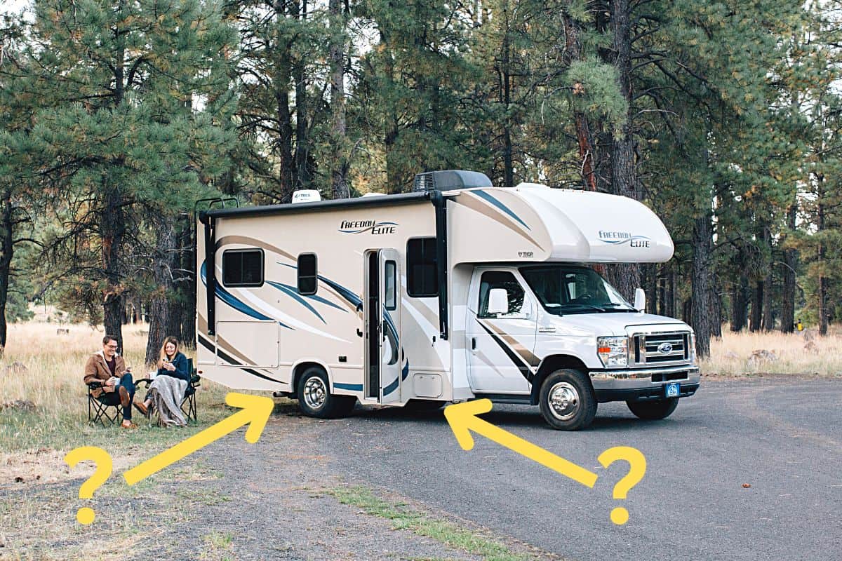 Class C RV Parked in a Wooded Area With Arrows Pointing to the Motorhome's Undercarriage With Question Marks
