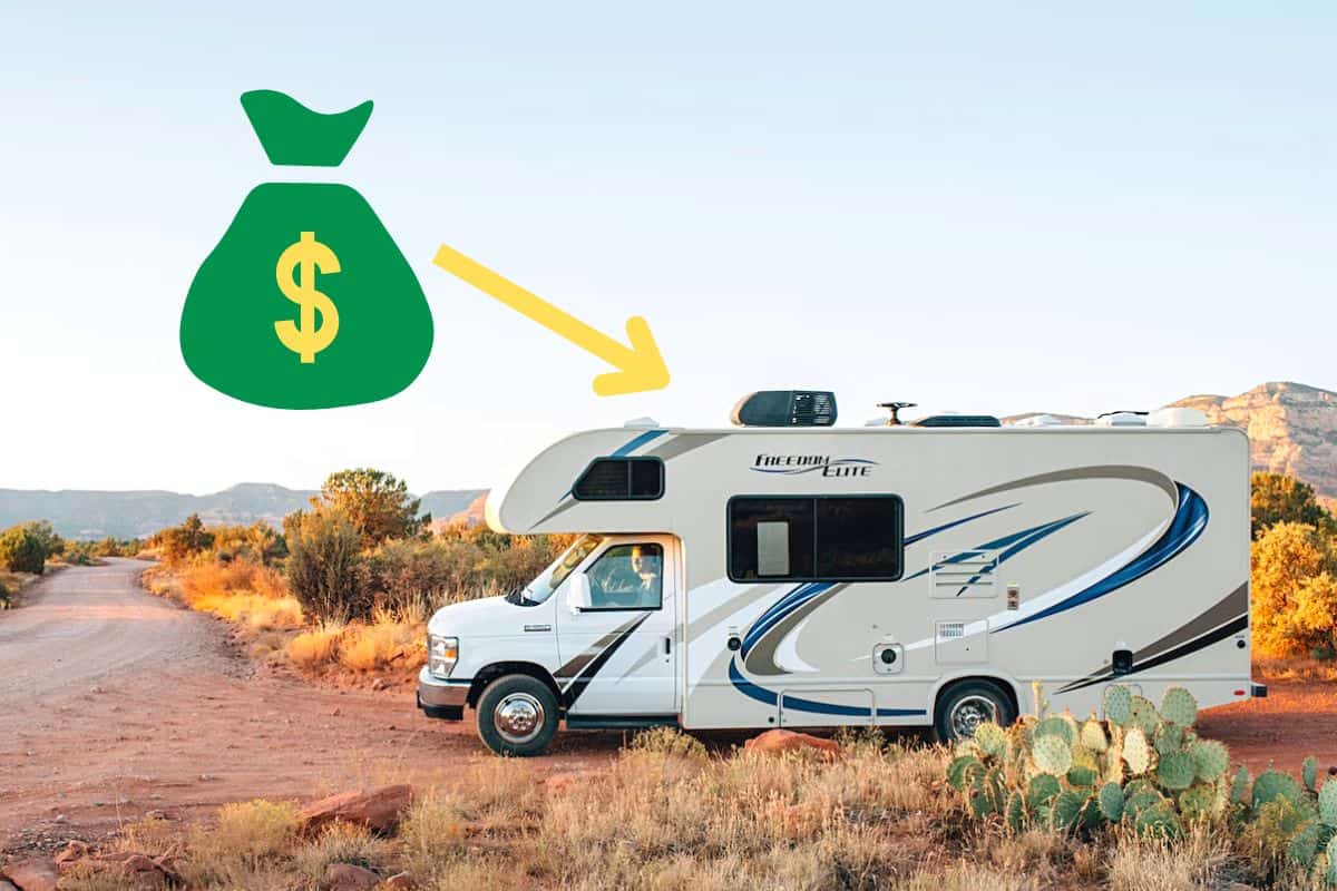 Class C Motorhome with an Illustrated Bag of Money Pointing to the RV