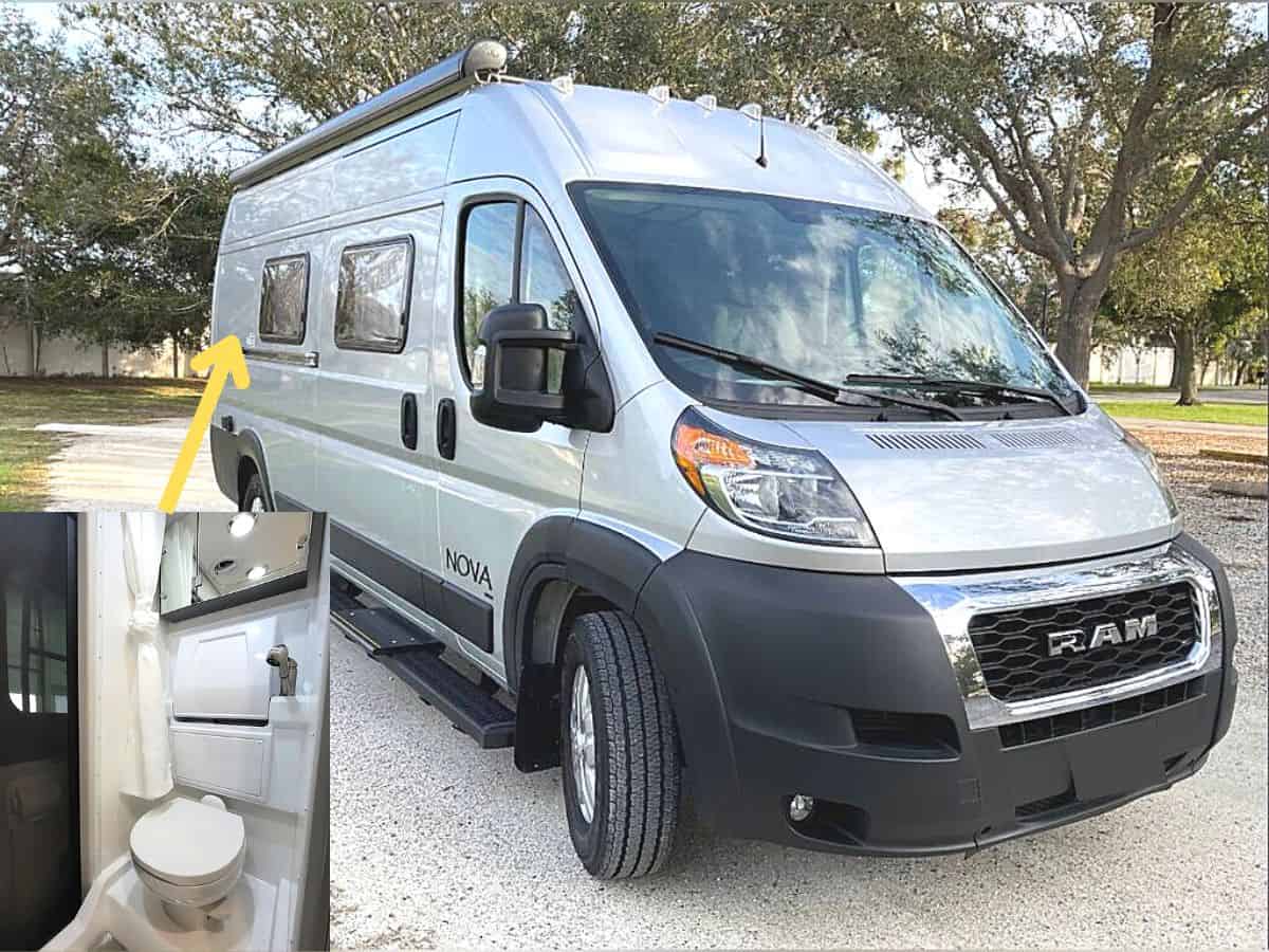 Coachmen Nova Class B RV parked outdoors with trees in the background. An arrow points towards the back part of the RV from an inset photo showing a compact RV bathroom interior, demonstrating how such amenities are integrated into the small motorhome.