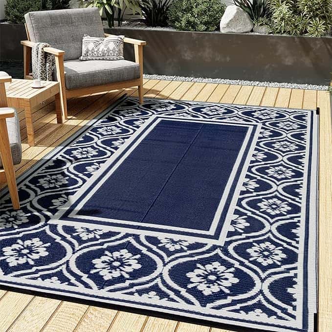 Blue and White Large Waterproof Area Rug, Reversible Portable Outdoor Plastic Straw Carpet for RV Camping