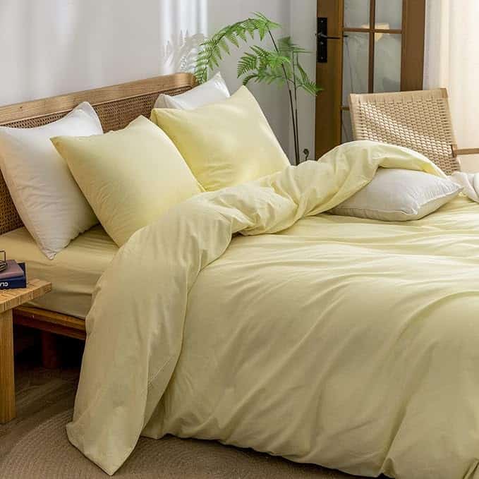 Duvet Cover Set 100% Washed Cotton Linen Feel Super Soft Comfortable Chic Lightweight 3 PCs Home Bedding Set Solid Light Yellow Queen