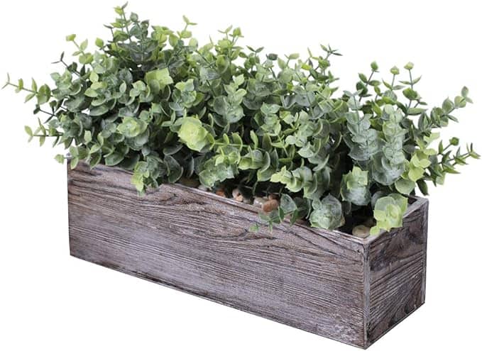 Faux Eucalyptus Plants in Rustic Rectangular Wood Planter Box Artificial Eucalyptus Greenery Arrangement