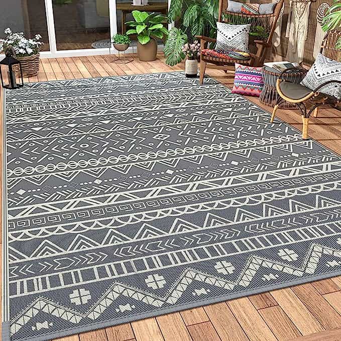 Gray and White 6x9 Boho RV Camping Outdoor Rug for Patios and Decks