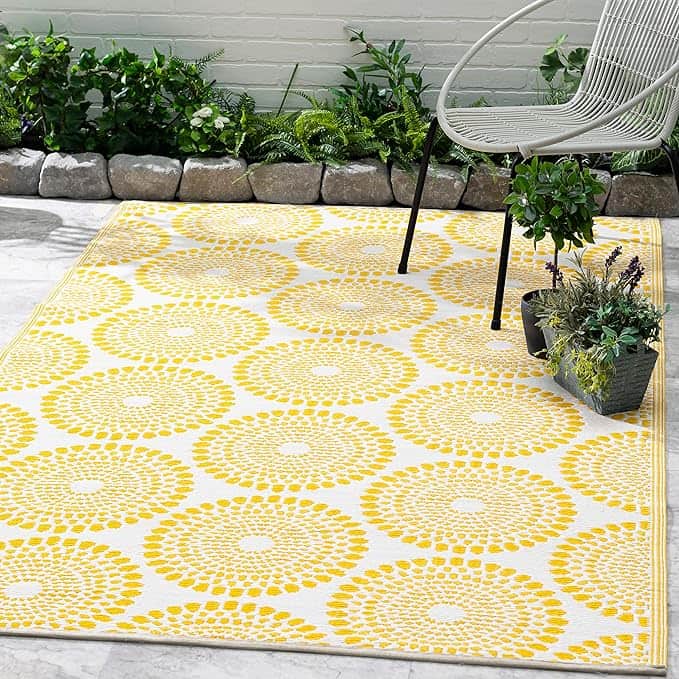 Large Yellow Floral Medallion Waterproof, Fade Resistant, Crease-Free - Premium Recycled Plastic RV Camping Mat