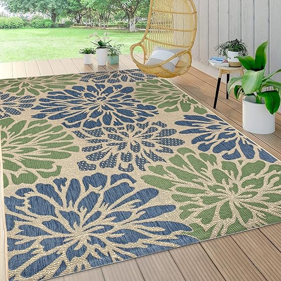 Navy- Green Modern Floral Textured Weave Outdoor Bohemian Coastal Area Rug