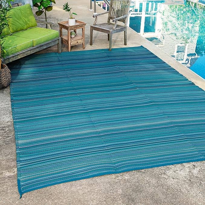 Turquoise FH Home Outdoor Waterproof Fad Resistant Reversible Large Camping Rug Made from Premium Recycled Plastic