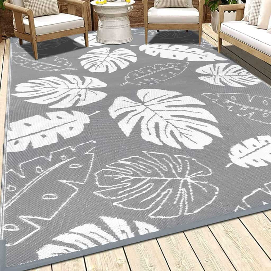 Waterproof Patio Mat Tropical Floral Leaves Reversible Area Rug for RV